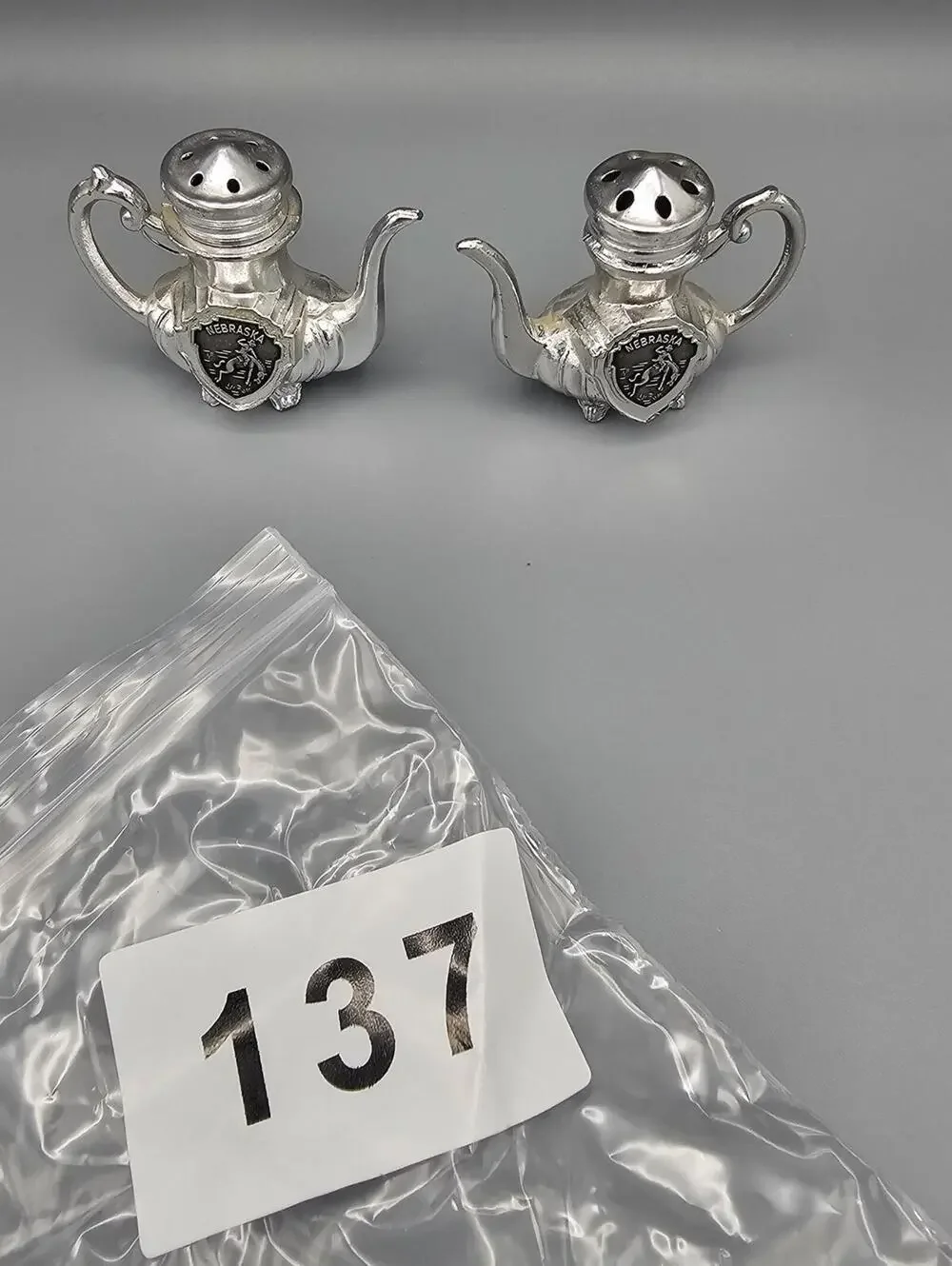 Vintage Nebraska Teapot Salt and Pepper Shakers Pair Silver Tone Souvenir